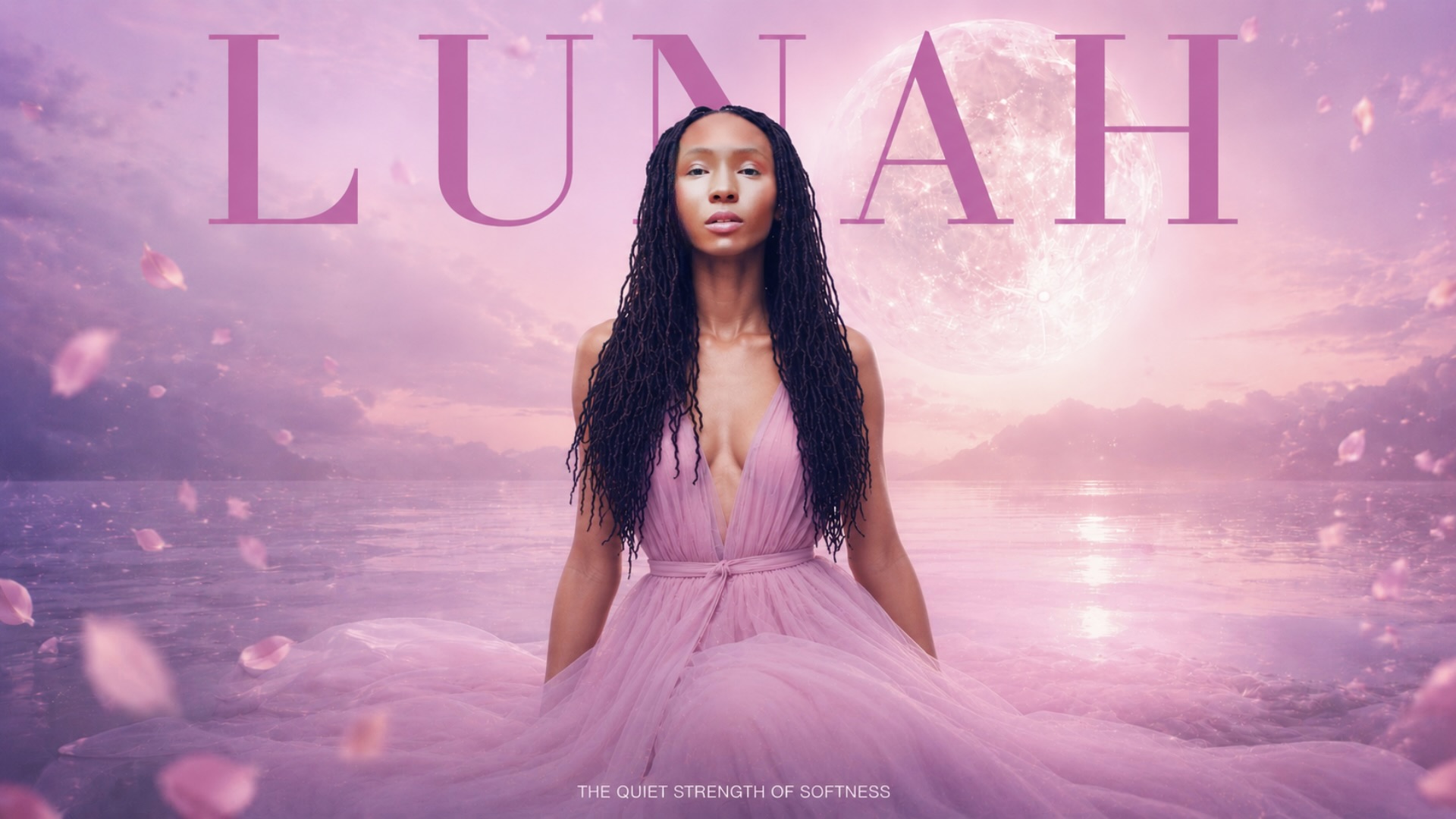 Lunah Moore in a flowing pink gown surrounded by moonlight, soft lavender skies, and reflective water in a dreamy cinematic landscape.