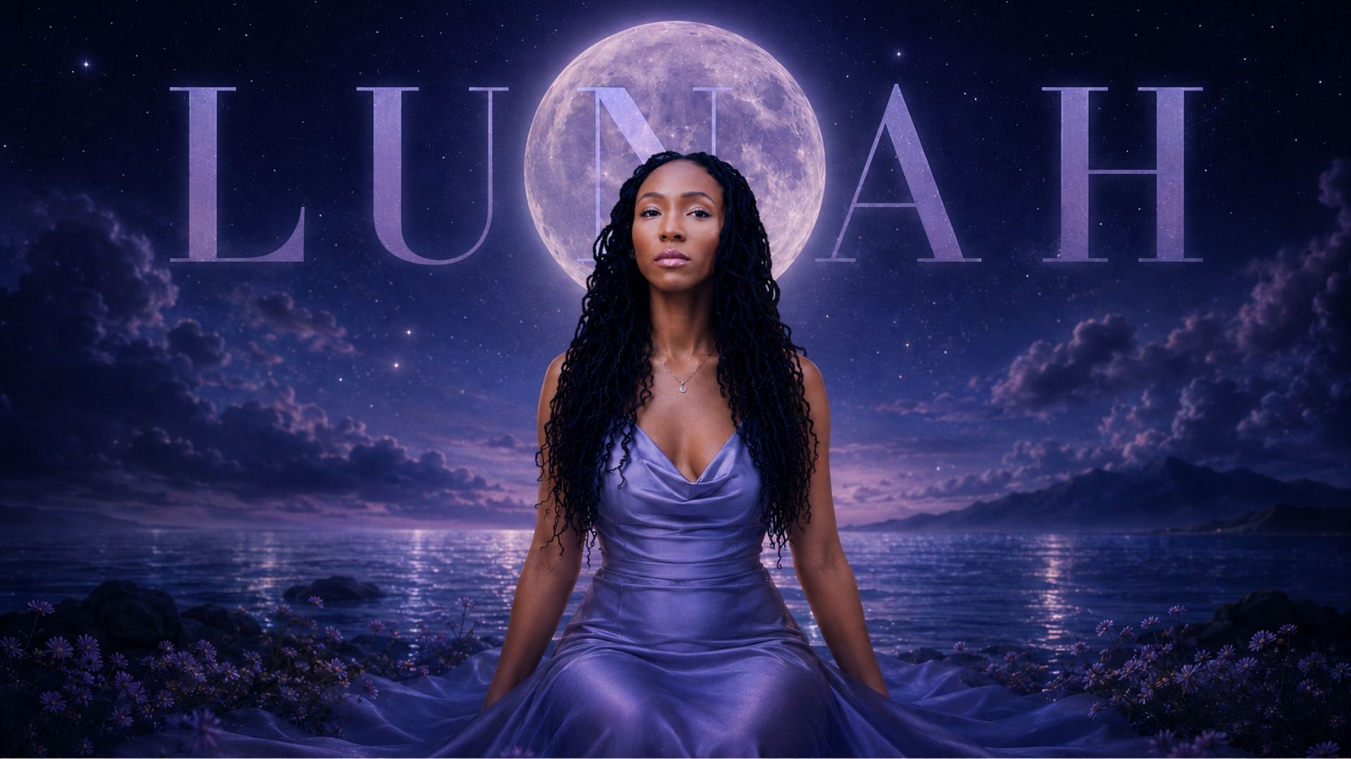 Lunah seated beneath a glowing full moon overlooking a peaceful ocean at night, wearing a flowing lavender gown with the name "LUNAH" across the starry sky.