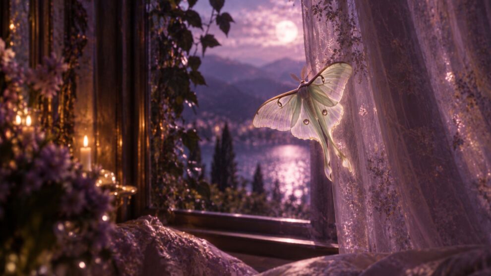 A luna moth flying towards a curtain in a window.